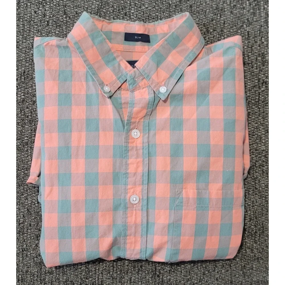 J. Crew Men's Pink Blue Check Slim Fit Lightweight Long Sleeve Shirt Size Medium